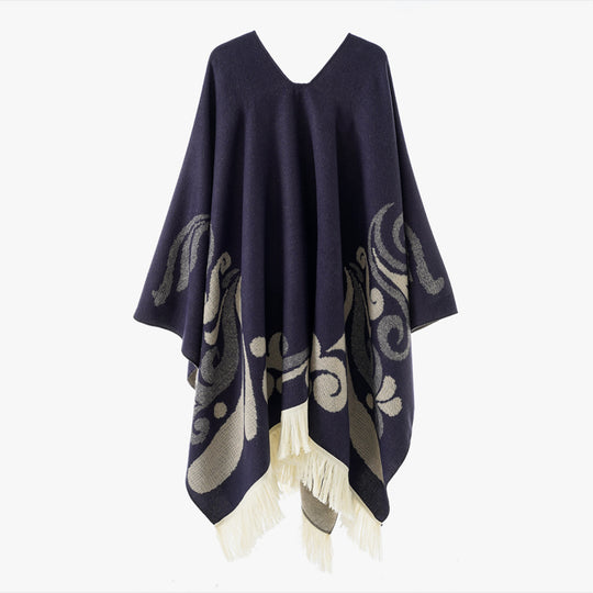 Damen Wollmix-Poncho im Umhangstil mit V-Ausschnitt, kontrastierendem Ornament-Jacquard und Fransen Shop Nory