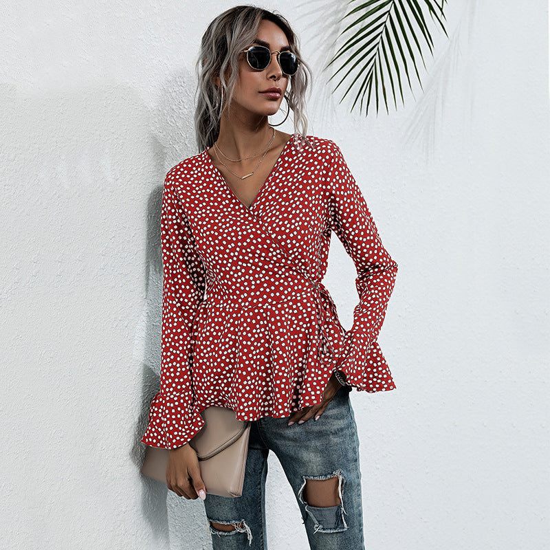 Damen Taillierte Wickelbluse mit V-Ausschnitt, Allover-Punktmuster und ausgestellten Volantärmeln Shop Nory