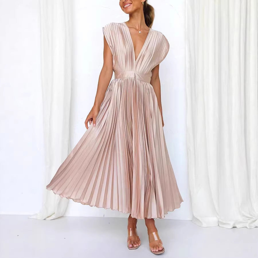 Damen Plissiertes Midikleid mit tiefem V-Ausschnitt und Taillengürtel Shop Nory