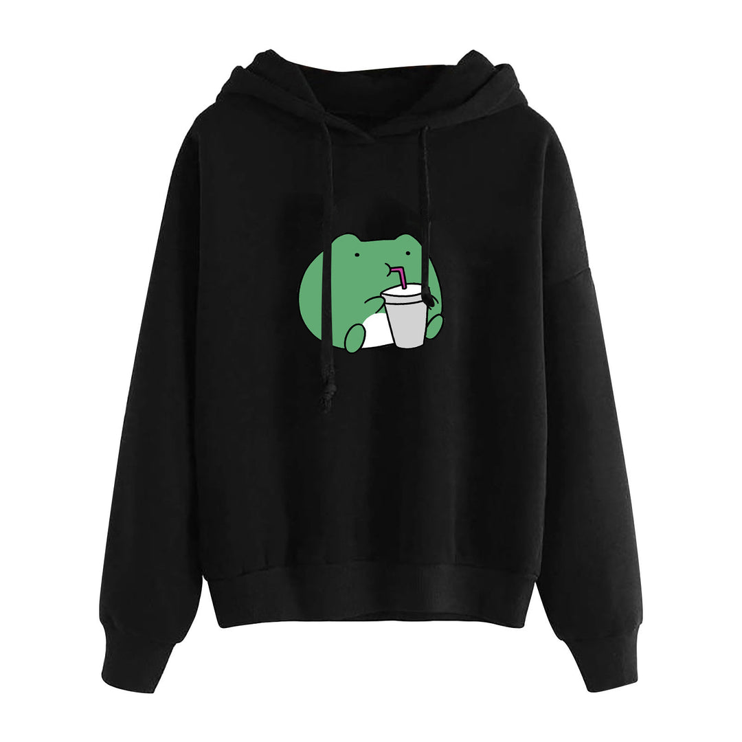 Damen nan kurz geschnittener Cropped-Kapuzenpullover mit niedlicher Frosch-Illustration und verstellbarer Kapuze Shop Nory