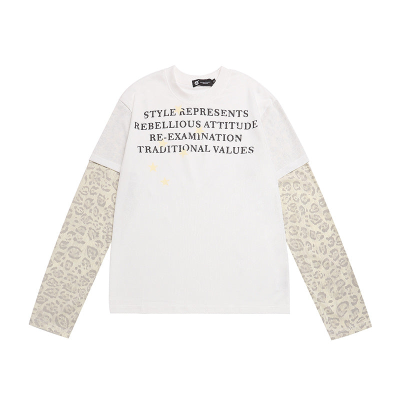 Damen Lagen-Langarmshirt mit Kontrastärmeln im Leo-Muster und Statement-Print Shop Nory