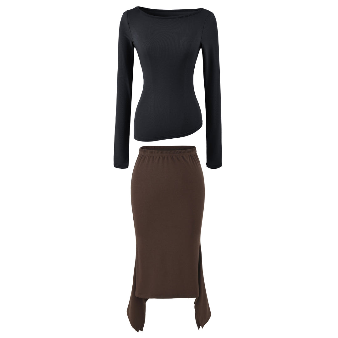 Damen Zweiteiliges Set aus figurbetontem Langarm-Top und Maxirock mit Schlitz Shop Nory