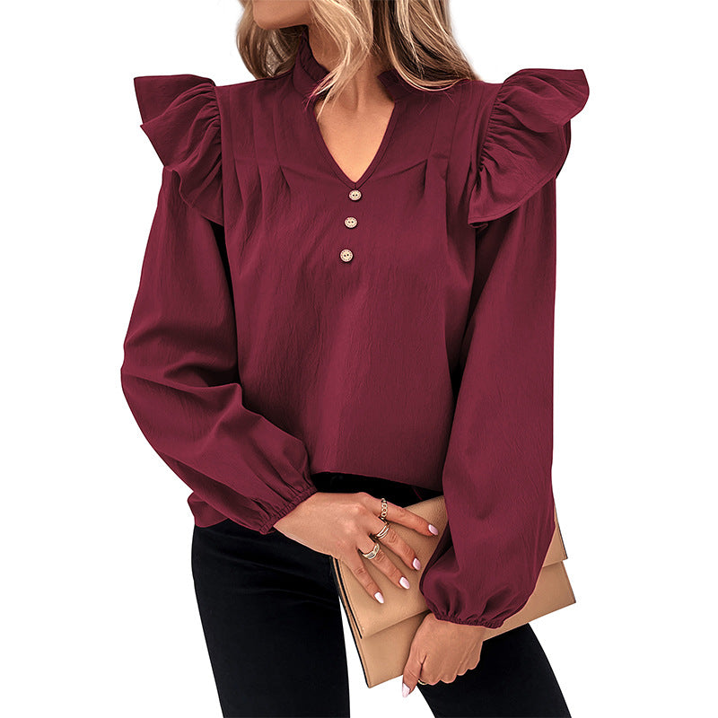 Damen Romantische Rüschenbluse mit Stehkragen, V‑Ausschnitt und Ballonärmeln Shop Nory