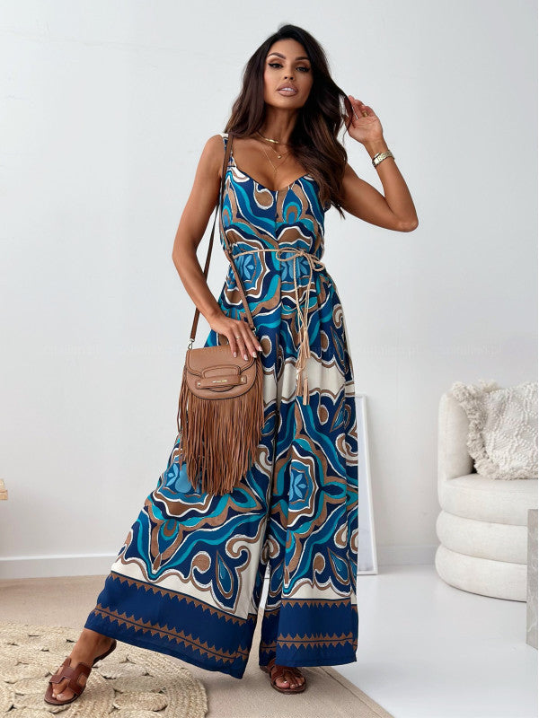 Damen Jumpsuit mit floralem Design und weit geschnittene Beinen
