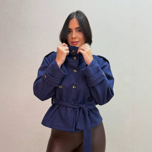 Damen Kurzer doppeltreihiger Mantel mit Stehkragen und Bindegürtel Shop Nory