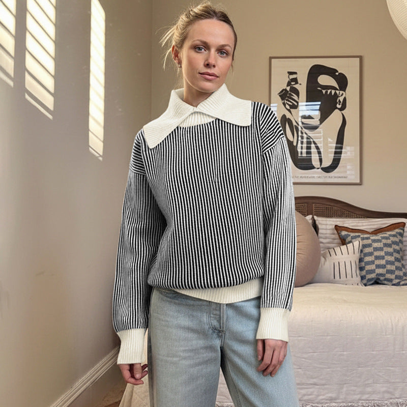 Damen Gestreifter Strickpullover mit übergroßem Kontrastkragen Shop Nory