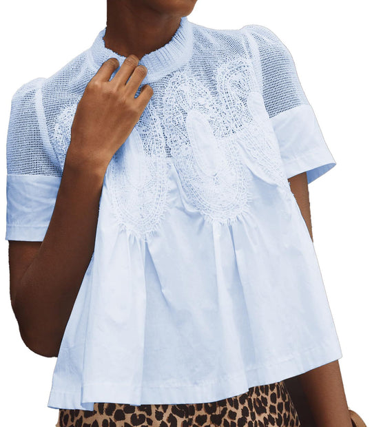 Damen Spitzenblusen-Top mit Stehkragen, Netz-Einsatz und geraffter A-Linien-Silhouette Shop Nory