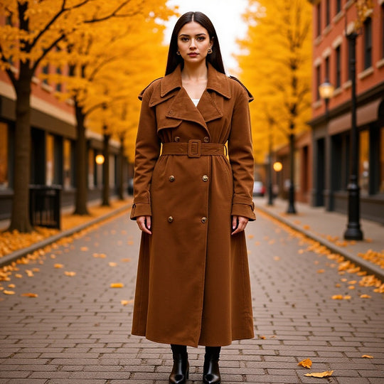 Damen Eleganter langer Taillentrenchcoat mit doppelreihiger Knopfleiste und ausgestelltem Saum Shop Nory