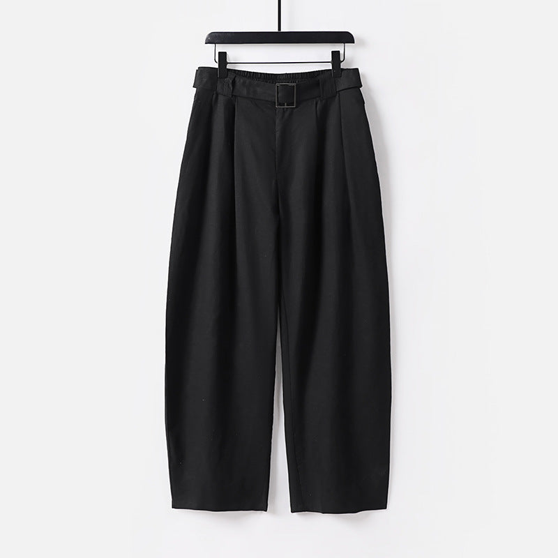 Damen Hochgeschnittene weite Leinenmix-Hose mit Bundfalten und Stoffgürtel Shop Nory