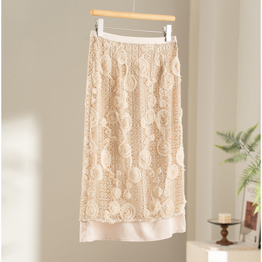 Damen Spitzen-Midirock mit floraler Häkelspitze und blickdichtem Futter Shop Nory