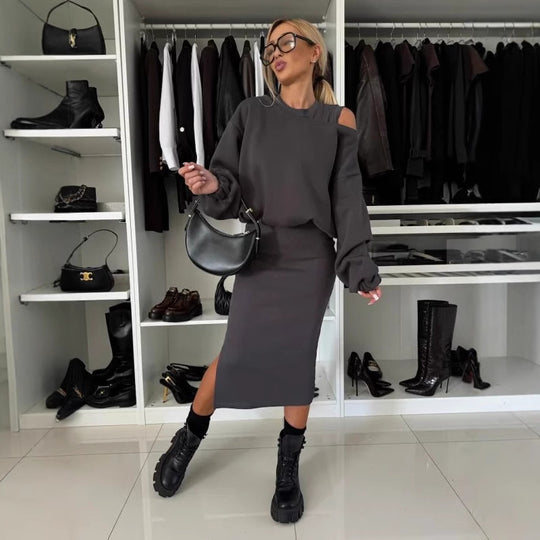Damen Bequemes Sweatset mit Ein-Schulter-Ausschnitt und Taillierter Midi-Rock Shop Nory