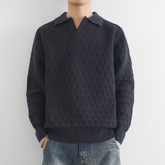 Herren Feinstrick-Polo-Pullover mit Strukturstrick und offenem V-Ausschnitt Shop Nory