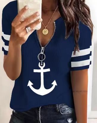 Damen maritim inspirierter Kurzarm Pullover mit Reißverschluss und Anker-Motiv