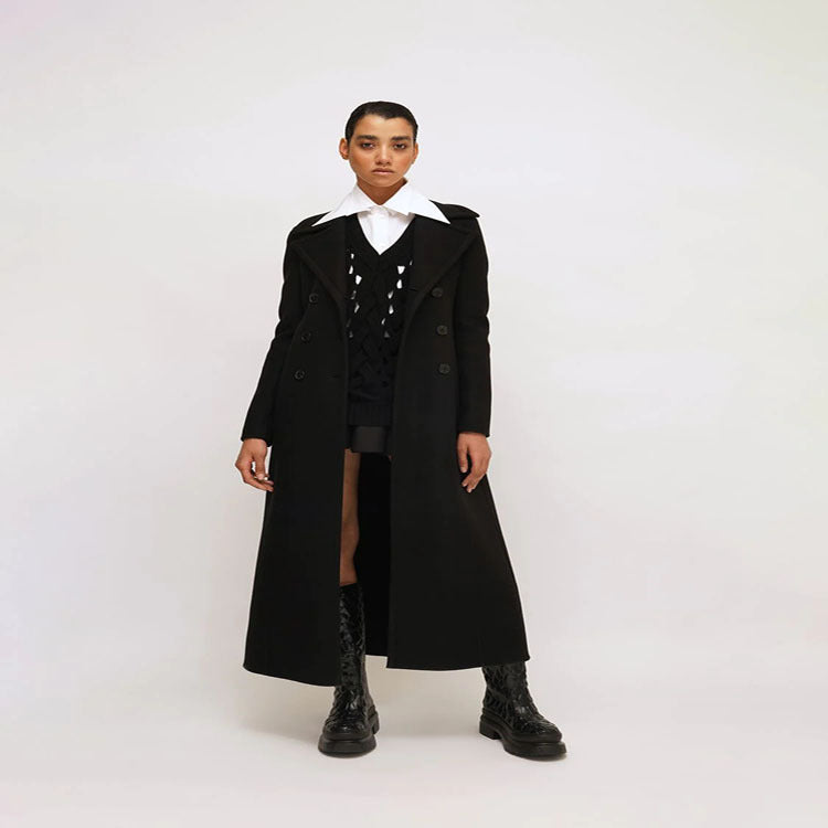 Damen Eleganter bodenlanger Wollmix‑Longcoat im Clean‑Cut Doppelreiher mit strukturierter Schulterpartie Shop Nory