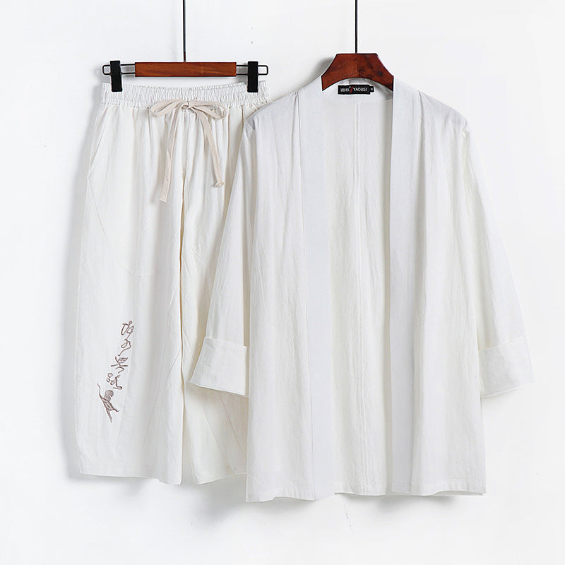 Damen Kimono-Set aus leichter Baumwollmischung offene Jacke mit lässig gekrempelten Ärmeln und weiter Haremshose mit Kordelzug Shop Nory