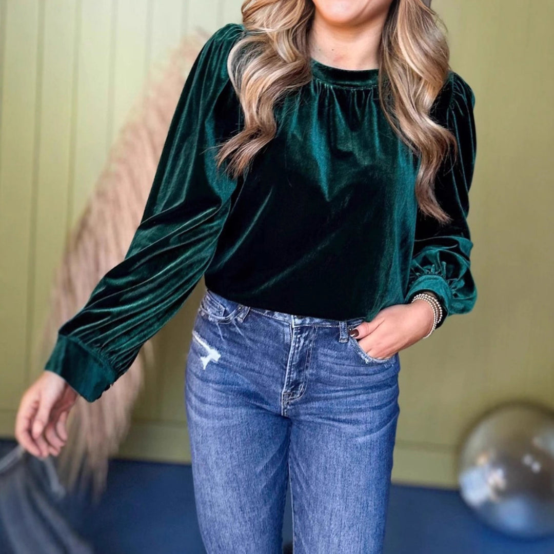 Damen Samtbluse mit Ballonärmeln und gerafftem Stehkragen Shop Nory