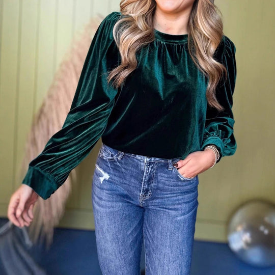 Damen Samtbluse mit Ballonärmeln und gerafftem Stehkragen Shop Nory