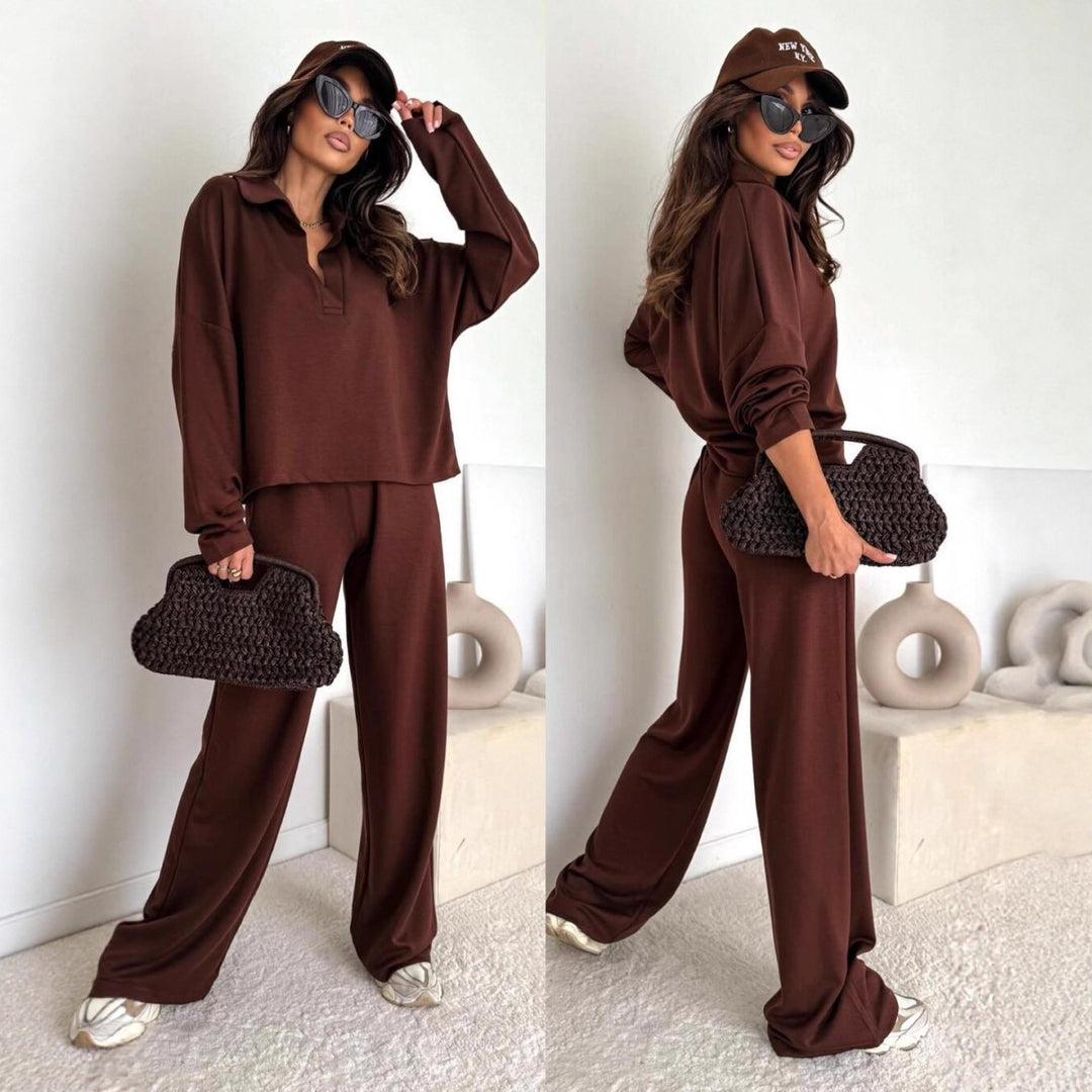 Damen Loungewear-Zweiteiler mit Hemdkragen-Cropped-Sweatshirt und weiter Palazzo-Hose Shop Nory