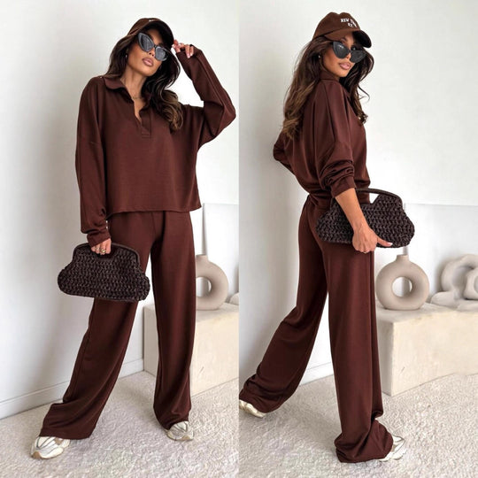 Damen Loungewear-Zweiteiler mit Hemdkragen-Cropped-Sweatshirt und weiter Palazzo-Hose Shop Nory