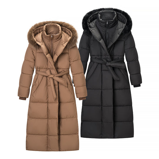 Damen Wattierter Longline-Mantel mit Kapuze und Taillengürtel Shop Nory