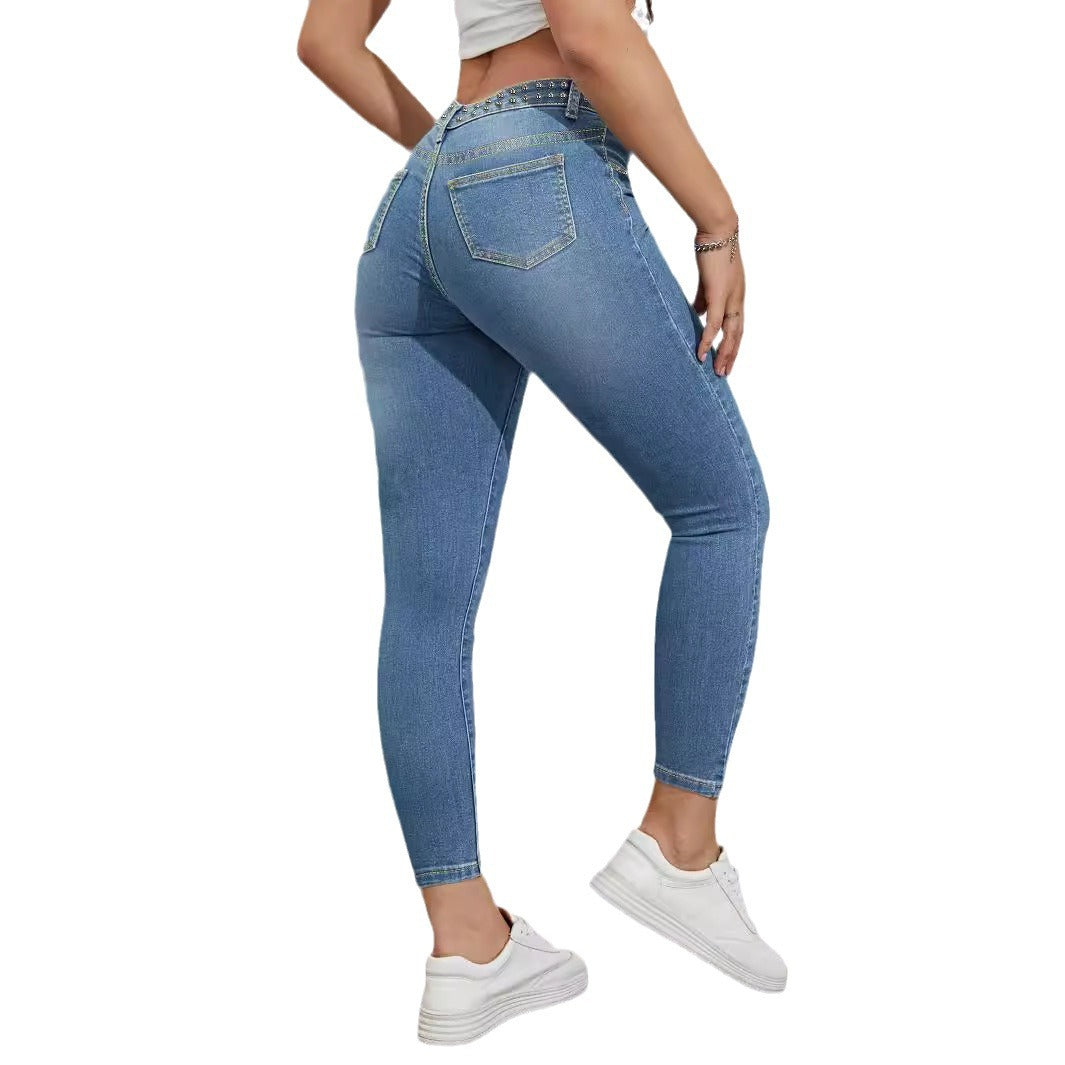 Damen Hochtaillierte Skinny-Jeans mit Strassbesatz und knöchellangem Schnitt Shop Nory