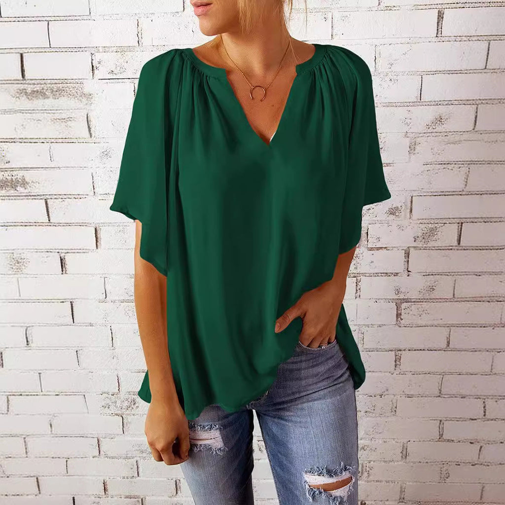 Damen luftige Bluse mit V-Ausschnitt und sanftem Faltenwurf