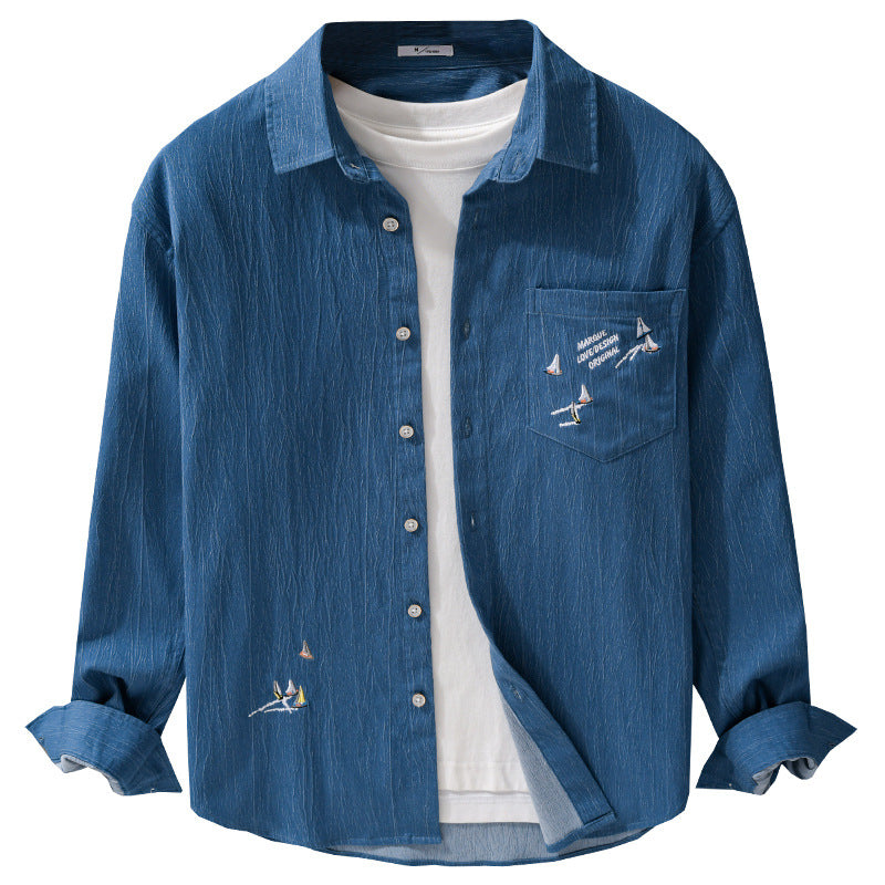 Herren Texturiertes Chambray-Overshirt mit maritimer Stickerei und Brusttasche Shop Nory