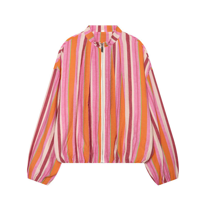 Damen Oversize Leichte Bomberjacke aus gestreiftem Webstoff mit Stehkragen, Reißverschluss und elastischem Saum Shop Nory