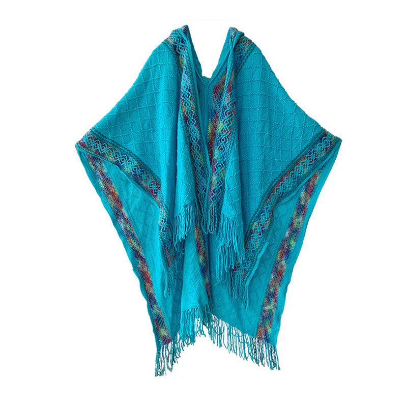 Damen Gewebter Kapuzenponcho mit Fransen und Ethno‑Bordüre Shop Nory