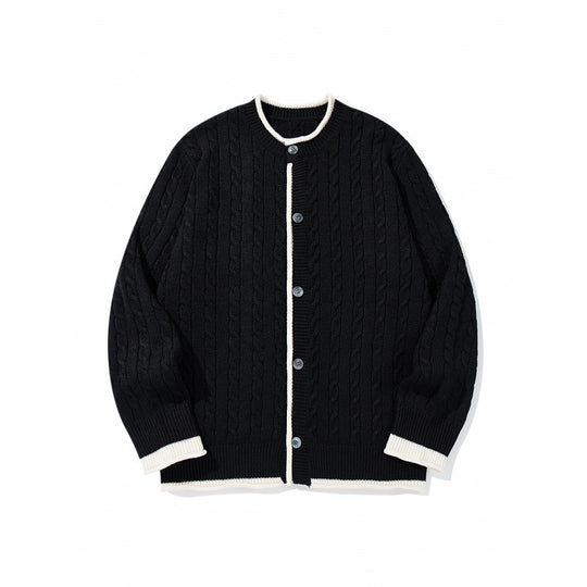 Unisex Feinstrick-Cardigan mit Zopfmuster, Rundhalsausschnitt und Kontrastblende Shop Nory
