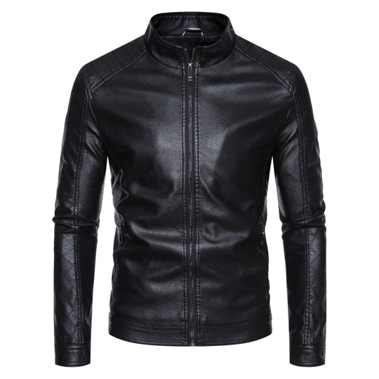 Herren taillierte Lederimitat-Bikerjacke mit Stehkragen und gesteppter Ärmeldetail Shop Nory