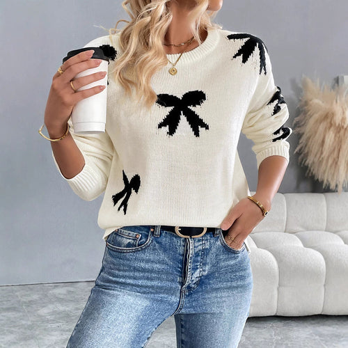 Damen Gestrickter Rundhals-Pullover mit Schleifen-Jacquard und relaxed Fit Shop Nory