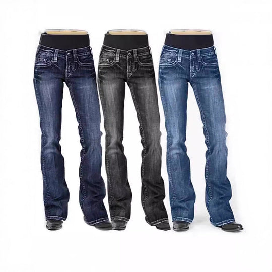 Damen elegante Bootcut Jeans mit hohem Bund und dezenter Waschung