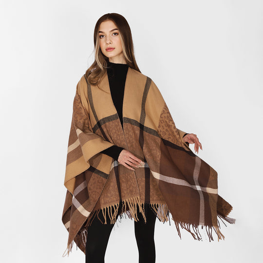 Damen Übergroßer Poncho mit Fransen und Karomuster Shop Nory