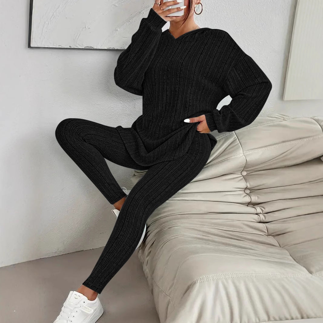 Damen Geripptes Feinstrick‑Loungewear‑Set mit Kapuzenpullover und hochtaillierten Leggings Shop Nory