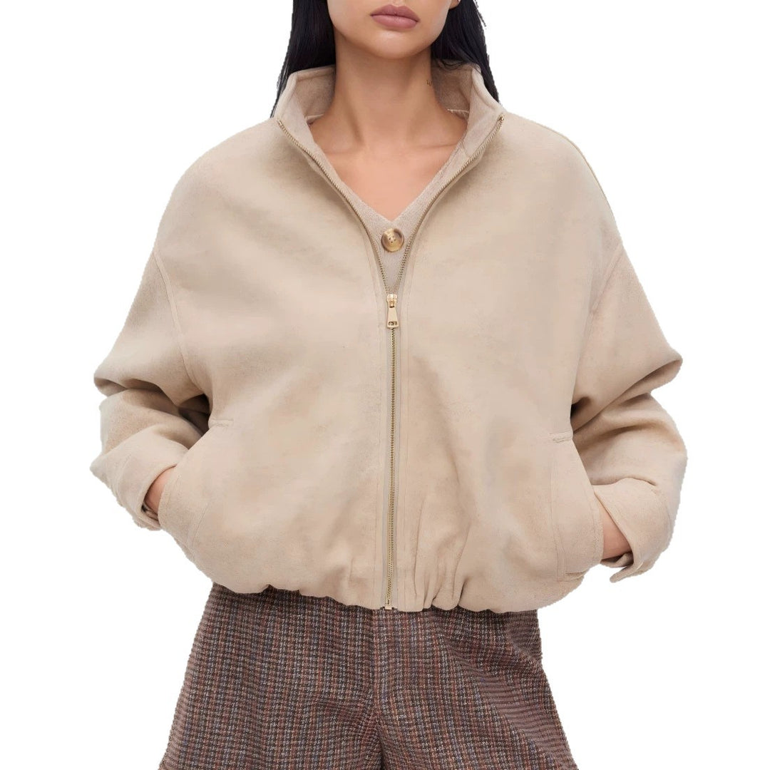 Damen Kurz geschnittene Wildleder‑Optik Bomberjacke mit Stehkragen und elastischem Saum Shop Nory