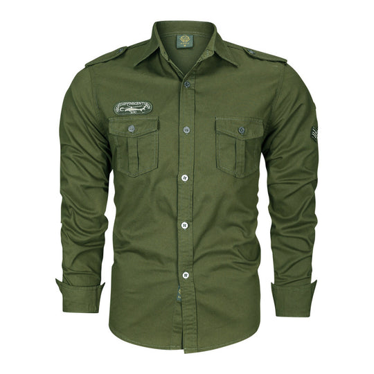 Herren Militärisches Baumwollhemd mit Schulterklappen, Pattentaschen und Stickpatches Shop Nory