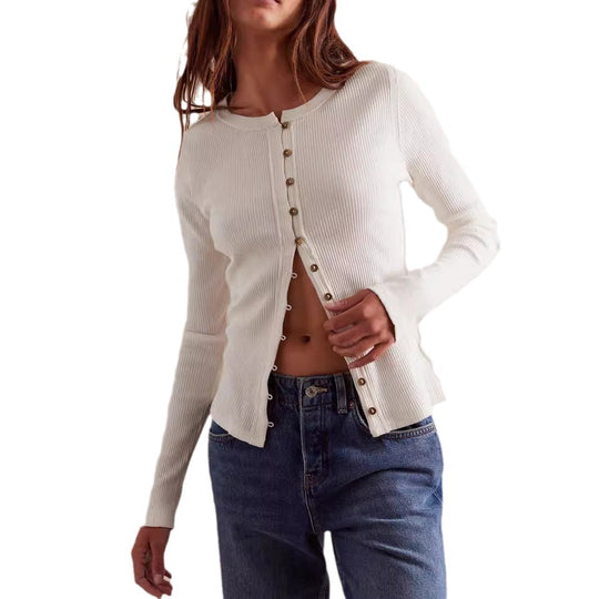 Damen gerippte taillenbetonte Knopf-Strickjacke mit Rundhals Shop Nory