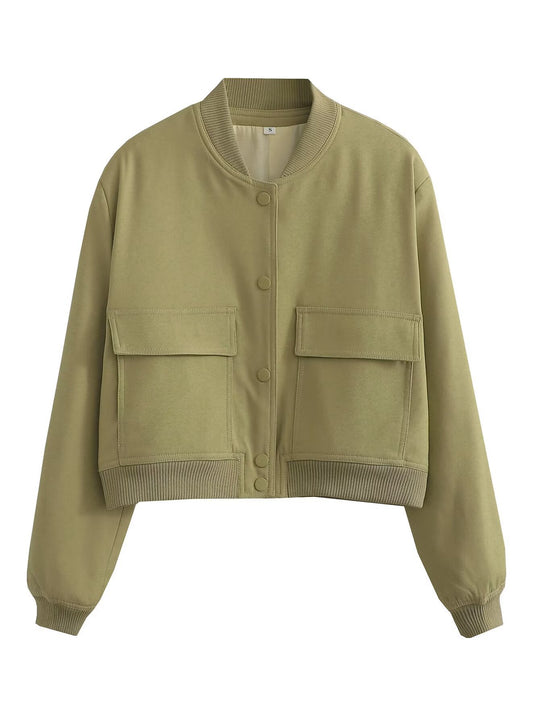 Damen Kurz geschnittene Utility‑Bomberjacke mit großen Klappentaschen und Rippbündchen Shop Nory