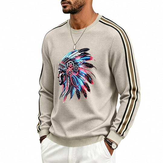 Herren Sweatshirt mit Federkopfschmuck-Print, Waffelstruktur und kontrastierenden Schulterstreifen Shop Nory