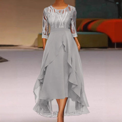 Damen nan edles Chiffon-Abendkleid mit besticktem Tülloberteil, Dreiviertelärmeln und asymmetrischem Stufen-Saum Shopnory