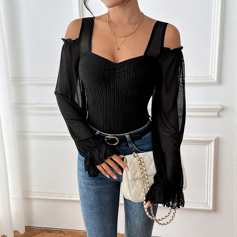 Damen Ripp-Corsage-Top mit Mesh-Schulterpartie und Ballonärmeln Shop Nory