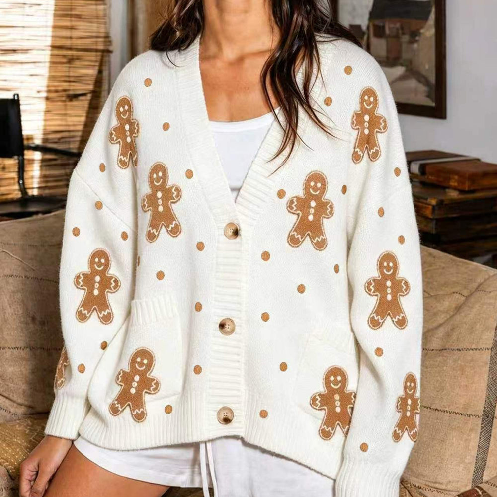 Damen oversized Strickcardigan mit Lebkuchenstickerei und tiefem V-Ausschnitt Shop Nory