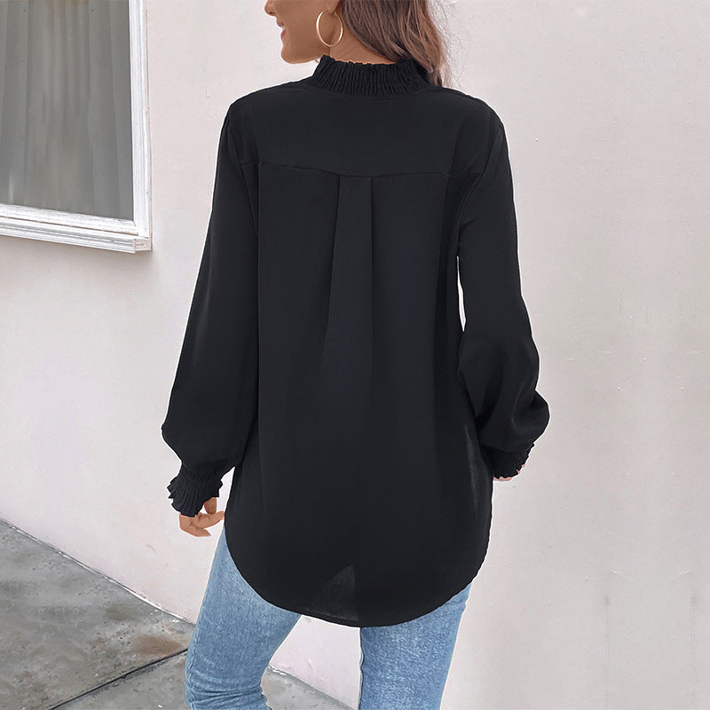 Damen Lockeres V-Ausschnitt-Blusenshirt mit Smokmanschetten und geradem Saum Shop Nory