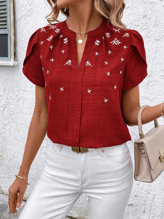 Damen Kurzbluse aus Leinenoptik mit Stehkragen, Zierfalte und floraler Stickerei Shop Nory