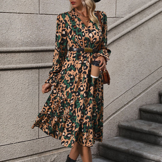 Damen Wickel-Midikleid mit Leopardenmuster, Stufenrock und elastischer Taillenpassform Shop Nory