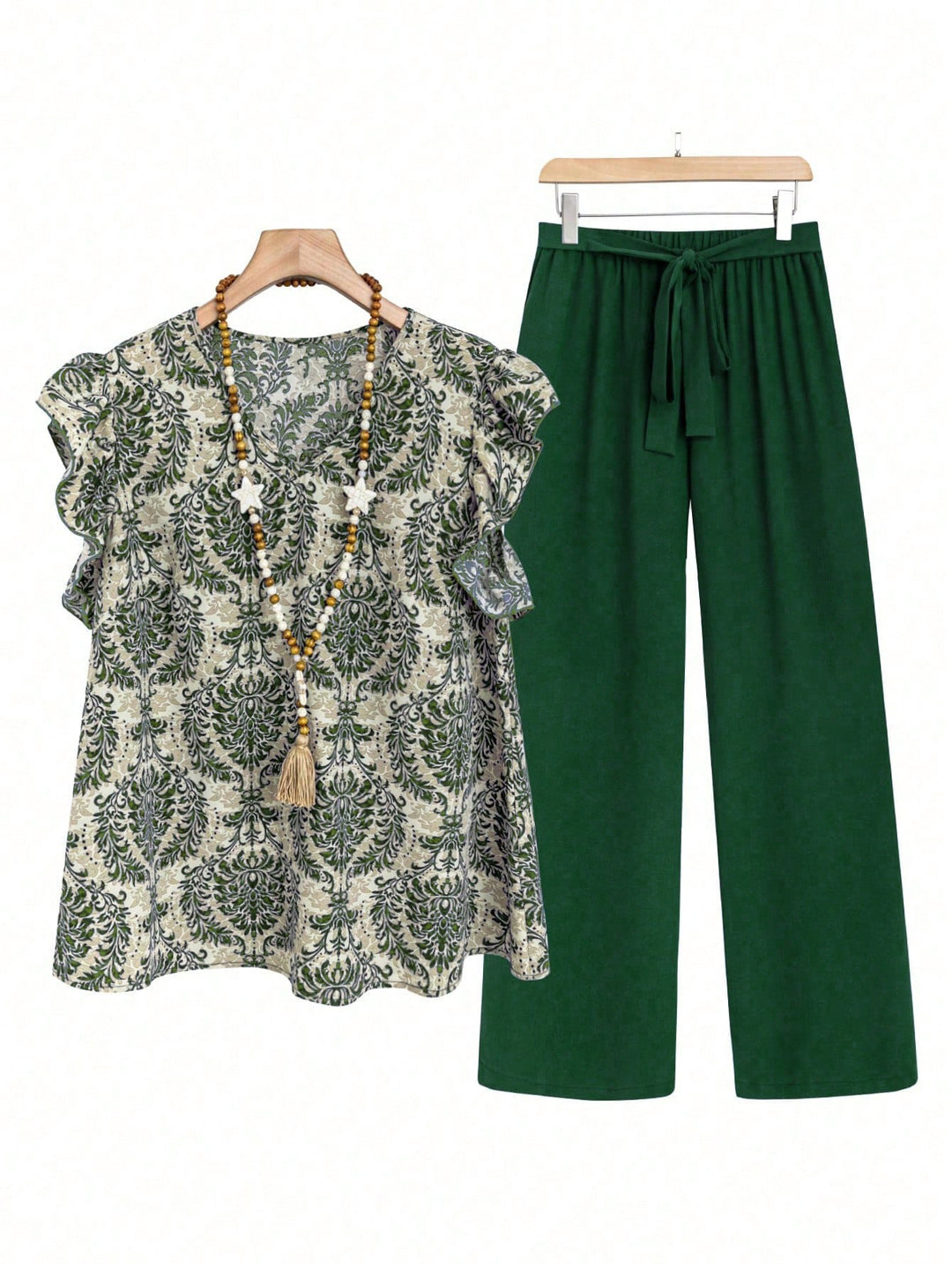 Damen Zweiteiliges Ensemble mit Rüschen-Printbluse und weitem Taillen-Hosenmodell Shop Nory