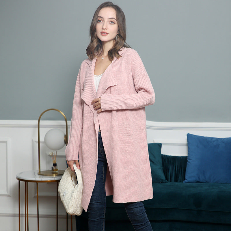 Damen langer offener Rippstrick-Cardigan mit weitem Schalkragen Shop Nory