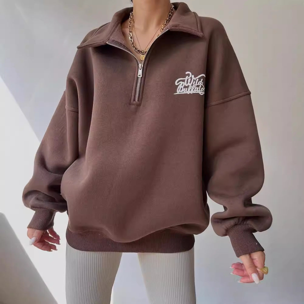 Damen Oversized Halbzip-Sweatshirt mit Stehkragen und gesticktem Logo Shop Nory