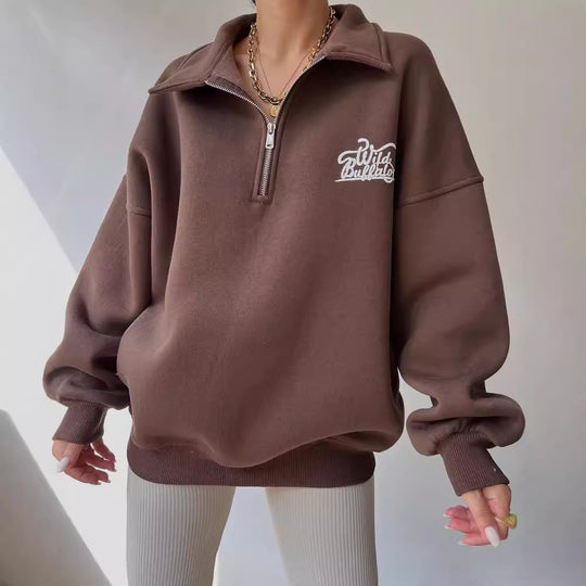 Damen Oversized Halbzip-Sweatshirt mit Stehkragen und gesticktem Logo Shop Nory